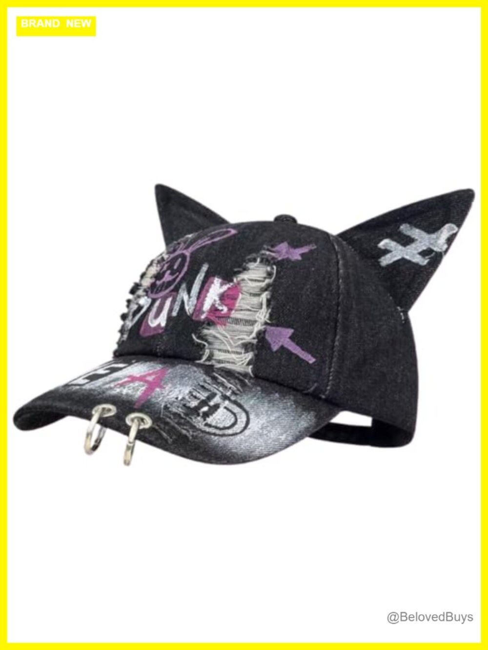 Cat Ear Denim Baseball Cap Distressed Graffiti Punk Grunge Emo Hat Adjustable